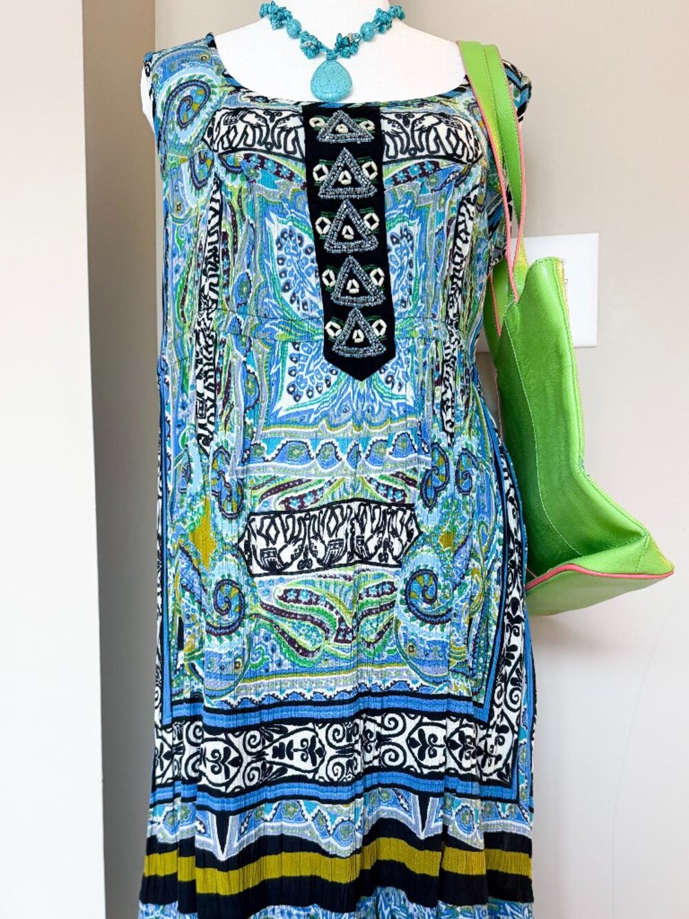 Forbidden Beaded Blue and Green Dress - Size Large